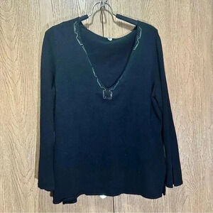 Margaret O Leary Sequenced Large Long Sleeve Black Sweater Deep V Neck Sequence